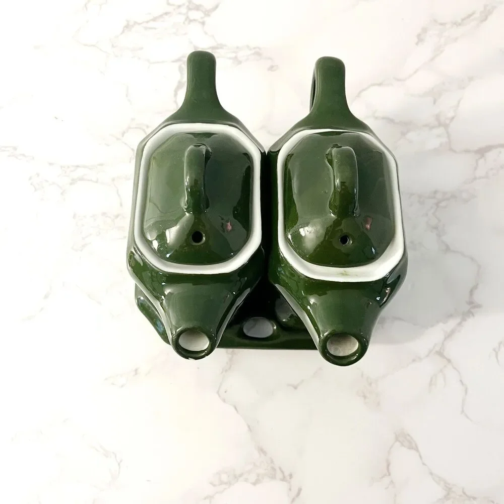 Vintage Lidded Shenango China Oil & Vinegar Cruet Set with Tray Forest Green